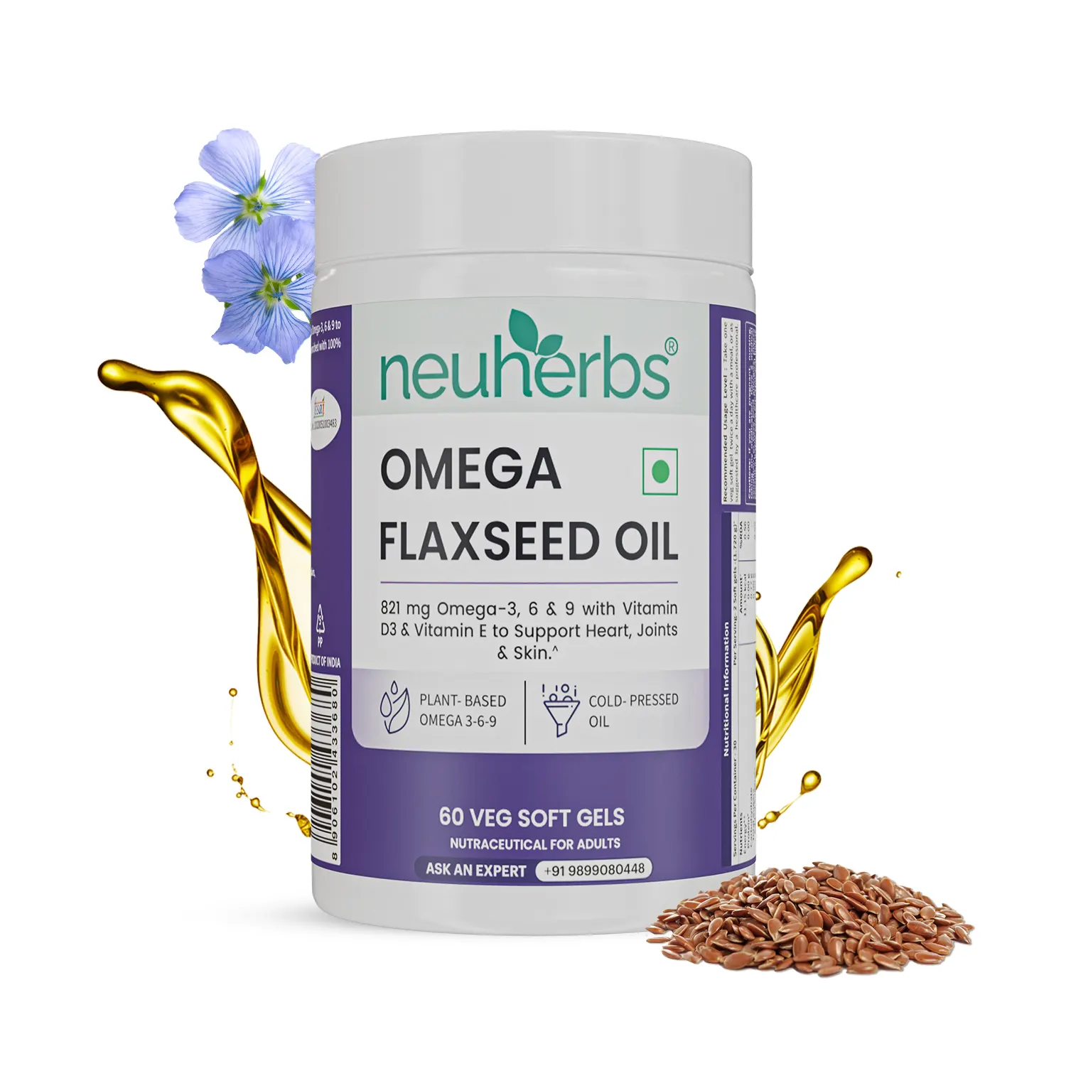 Flaxseed Oil Capsules 1000mg With 821mg Omega 3-6-9, Additional Vitamin D3 & E To Support Heart, Joint & Skin For Women & Men