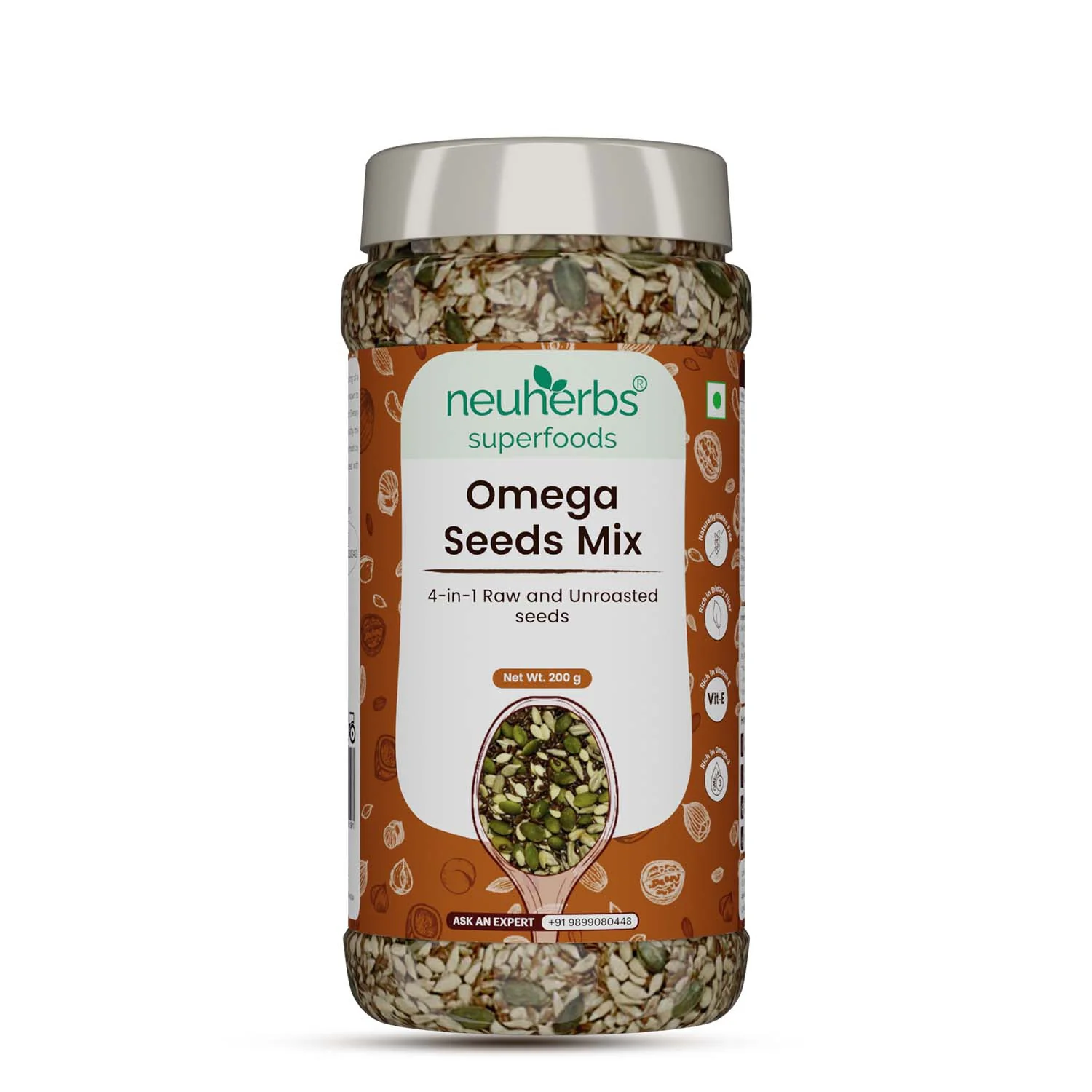 Omega Seeds Mix with richness of Flax, Pumpkin, Watermelon & Sunflower seeds with omega-3, dietary fiber, protein and essential nutrients helpful for Weight Loss, Heart & Good Skin