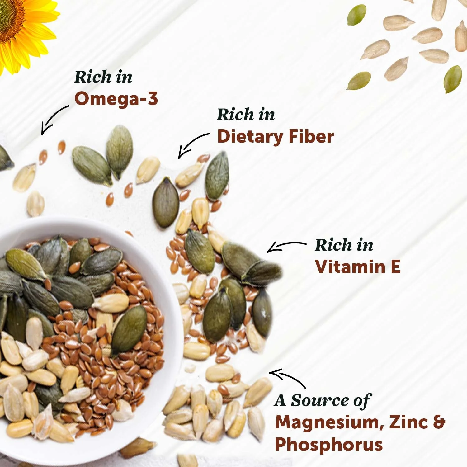 Omega Seeds Mix with richness of Flax, Pumpkin, Watermelon & Sunflower seeds with omega-3, dietary fiber, protein and essential nutrients helpful for Weight Loss, Heart & Good Skin - Image 3